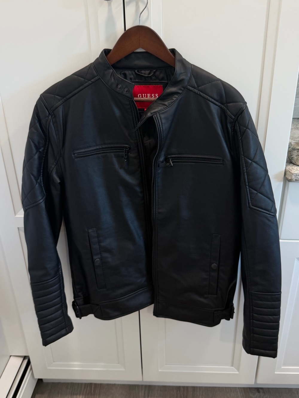 GUESS Black Quilted Faux Leather Bomber Jacket - Men's